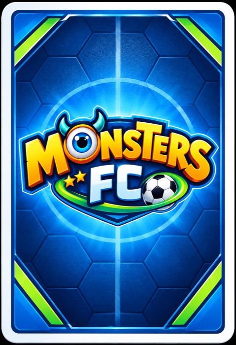 The back of a Monsters FC card: the logo on a blue pitch