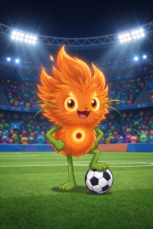 The monster: Blazey, a fluffy orange flame creature, standing by a football in a floodlit stadium